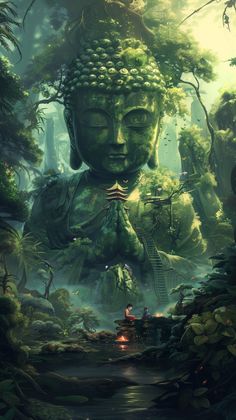 a painting of a buddha in the middle of a forest with lots of trees and bushes