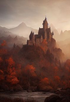 a castle on top of a hill with trees in the foreground and mountains in the background