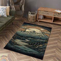 a living room area rug with mountains and trees in the background on wooden flooring