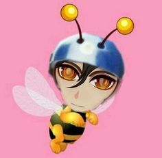 a cartoon character with big eyes and a bee on it's back, in front of a pink background