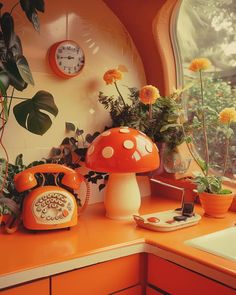 an orange kitchen counter with mushrooms and plants on the counter top next to a phone