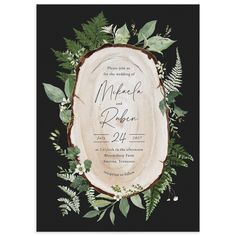 an image of a wedding card with greenery and leaves on the inside of it