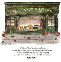 an illustration of a store front with pumpkins in the window and on the sidewalk