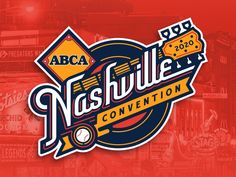 the nashville convention logo is shown on a red background with many other things around it