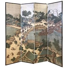 Vintage Chinese Hand Painted-Folding Screen Room Divider Transitional Mid Century Modern, Chinoiserie Room, Wood Room Divider, Screen Art, Screen Painting