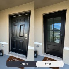 An old and scuffed black six-panel front door is replaced with a beautiful black door with 3/4 lite of glass Fiberglass Door, Smart Door