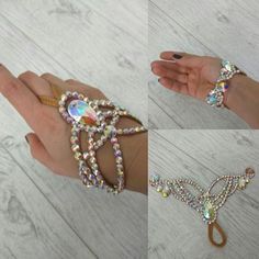 two pictures of different types of bracelets on the left and right hand, with one being held by someone's fingers