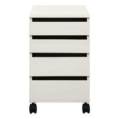 a white dresser with three drawers and wheels on the bottom, in front of a white background