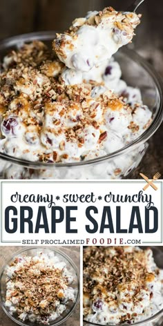 a collage of photos showing the ingredients for a grape salad in a glass bowl