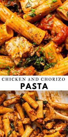 chicken and chorizzo pasta in a pan with the title overlay above it