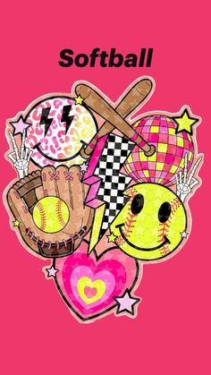 a pink poster with softball related items on it