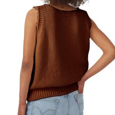 Caramel V Neck Knit Sleeveless Sweater Brown Knitted Sweater Vest For Layering, Casual Brown Knitted Sweater Vest, Sleeveless Brown Sweater Vest For Summer, Brown Knit Vest For Layering, Brown Sweater Vest For Layering, Spring Brown Sleeveless Sweater Vest, Sleeveless Brown Sweater Vest For Spring, Brown Sleeveless Sweater Vest For Spring, Casual Brown Sleeveless Sweater