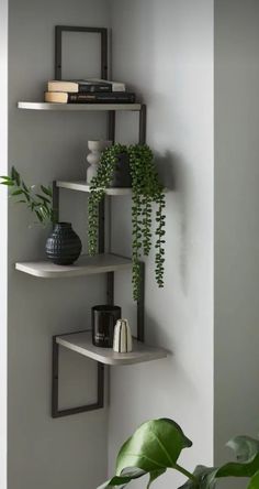 three shelves with plants and vases on them in the corner of a living room