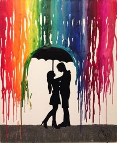 a man and woman under an umbrella in front of a rainbow - colored background with dripping paint