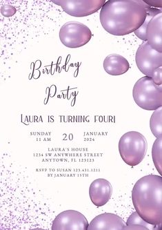 a birthday party with purple balloons and confetti on the side, in front of a white background