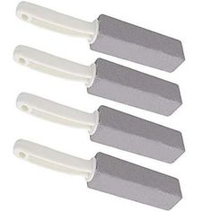 four white and gray spatulas with handles on each side, set of 4