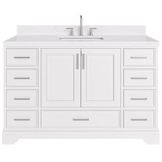 a white bathroom vanity with two sinks and drawers on the top, side by side