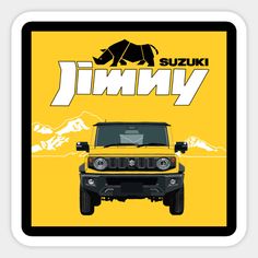 the front end of a yellow and black jeep with an image of a rhino on it