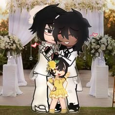 two cartoon characters standing next to each other in front of a wedding arch with flowers