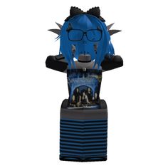 a cartoon character with blue hair and glasses sitting on top of a black base stand