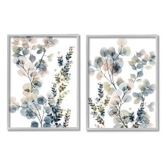 two paintings with leaves on them, one is white and the other has blue flowers