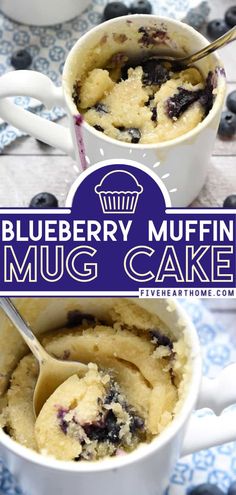 blueberry muffin mug cake in a white cup