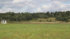 an old white house in the middle of a grassy field with trees on both sides