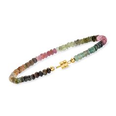 Ross-Simons - 20.00ct t. w. Multicolored Tourmaline Bead Bracelet, 14kt Yellow Gold Magnetic Clasp. 7". Colorful and highly versatile, this bracelet features 20.00 ct. t. w. multicolored tourmaline beads in a gorgeous spectrum of rich hues. Over 75 rondelle faceted beads create a stylish strand that will look fantastic year-round. Finishes with a 14kt yellow gold magnetic clasp for easy on-and-off. Multicolored tourmaline bead bracelet. Tourmaline Beads, Bracelet Gold, Magnetic Clasp, Faceted Bead, Bead Bracelet, Tourmaline, Magnets, Fine Jewelry, Beaded Bracelets