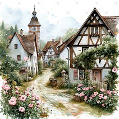 a watercolor painting of an old european village with roses in the foreground and a clock tower