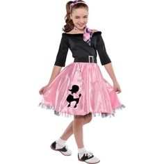 She's ready to jump and jive! Girls Miss Sock Hop Costume features a black and pink dress with an attached black rhinestone belt. The full pink satin poodle skirt features a cute poodle applique and twirling silver sequin leash. Add a dash of style with a pink and black plaid scarf and finish off this sweet Sock Hop Costume with the included matching bow headband! Girls Miss Sock Hop Costume includes: Headband Scarf Dress with poodle skirt Sock Hop Costumes, Poodle Skirt Costume, Poodle Dress, 50s Costume, 1950s Costume, Party City Costumes, Outfit Rock, Up Halloween Costumes, Black And Pink Dress