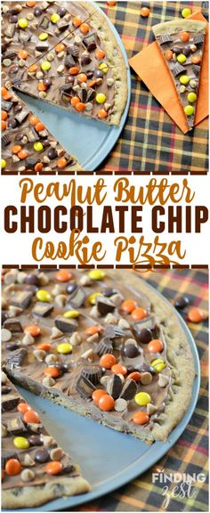 peanut butter chocolate chip cookie pizza on a plate