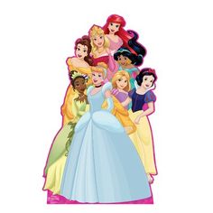 the disney princesses are standing together in front of each other with their dresses on