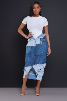 Best Online Women's Fashion Clothing Boutique Store - Swank A Posh Styling Long Jean Skirt, Distressed Denim Skirt Outfit, Denim Outfits For Women, Chic Denim Outfits, Denim Party Outfit, Denim Diy Clothes, Fashion Trend Inspiration, Patchwork Denim Skirt, Long Jean Skirt