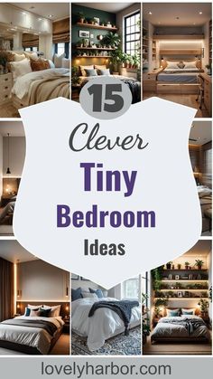 a collage of photos with the words clever tiny bedroom ideas in white and purple