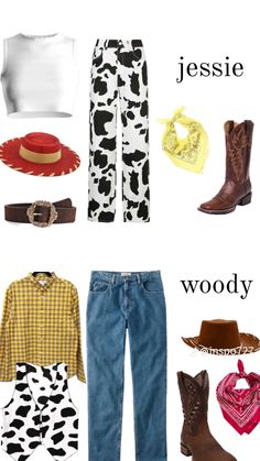 clothes and accessories are arranged in the shape of cowgirl's clothing, including boots, hats, scarves