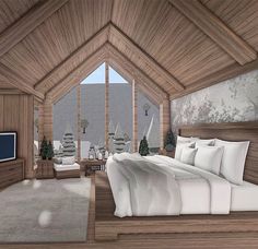 an artist's rendering of a bedroom with wood paneling and white bedding