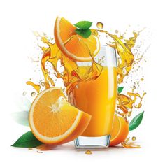 an orange juice splashing out of a glass with slices of oranges on the side