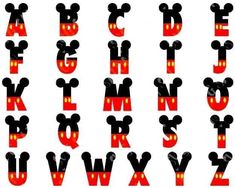 an alphabet with mickey mouse ears and the letters in red, black, and yellow