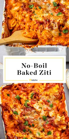 no - boil baked ziti recipe in a casserole dish with text overlay