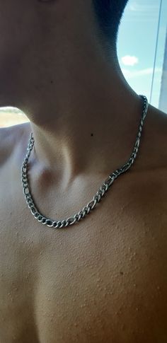 This men's Figaro Chain necklace was designed to wear alone or stacked with other chains or pendants.  hypoallergenic Thick Chain Necklace Men, Mens Silver Cable Chain Necklace, Jewelry For Men Aesthetic, Chains Men Aesthetic, Chains On Men, Guy Necklace Aesthetic, Guy With Jewelry, Chains Men Jewelry, Cool Men Jewelry