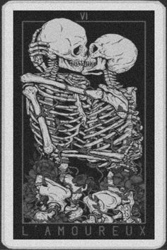 a playing card with two skeletons in the middle and one skeleton on it's back