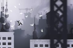 a person jumping in the air over rooftops with buildings and birds flying around them