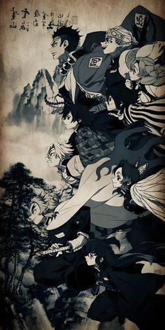 an image of some anime characters in black and white