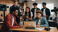 a group of young people gathered around a laptop on a table in front of camera equipment