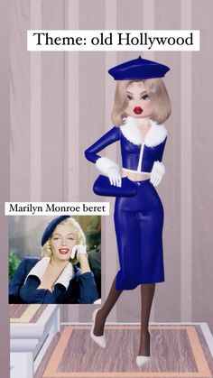 a woman in a blue dress and hat with her hand on her hip, next to a photo of marilyn monroe