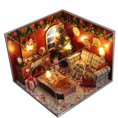 an overhead view of a living room with christmas decorations on the walls and fireplaces