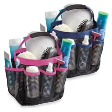 two black mesh baskets filled with personal care items