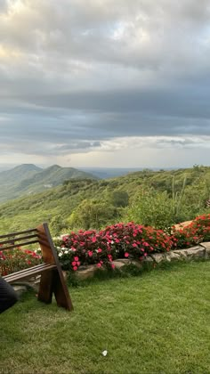 a wooden bench sitting on top of a lush green hillside next to flowers and trees