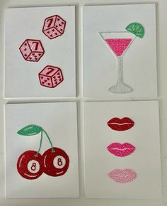 four pictures with different designs on them, each one has a cherry in the middle