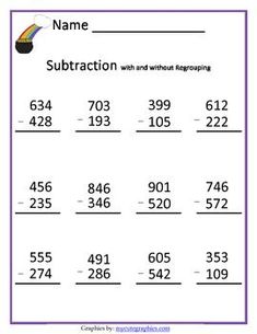 Saint Patrick's Day Theme - 3 digit subtraction with and without regrouping Subtracting 3 Digit Numbers, 3 Digit Subtraction, Basic Math Worksheets, Math Subtraction Worksheets, Halloween Math Worksheets, Subtraction Kindergarten, Kindergarten Math Worksheets Free, Work Review, Math Fact Practice